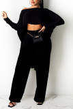 Black Casual Solid Split Joint Asymmetrical O Neck Long Sleeve Two Pieces
