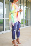 Multicolor Fashion Casual Print Tie Dye Asymmetrical Oblique Collar Tops
