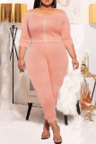 Orange Pink Casual Solid Split Joint Zipper Off the Shoulder Three Quarter Two Pieces
