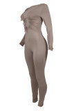Khaki Sexy Casual Solid Bandage Hollowed Out V Neck Skinny Jumpsuits