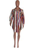 Multicolor Fashion Casual Striped Print Basic Turndown Collar Shirt Dress Dresses