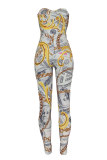 White Fashion Sexy Print Bandage Hollowed Out Backless Strapless Skinny Jumpsuits