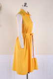 Yellow Casual Solid Split Joint Turndown Collar Cake Skirt Dresses