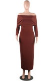 Brown Sexy Casual Solid Patchwork Backless Off the Shoulder Long Sleeve Dresses