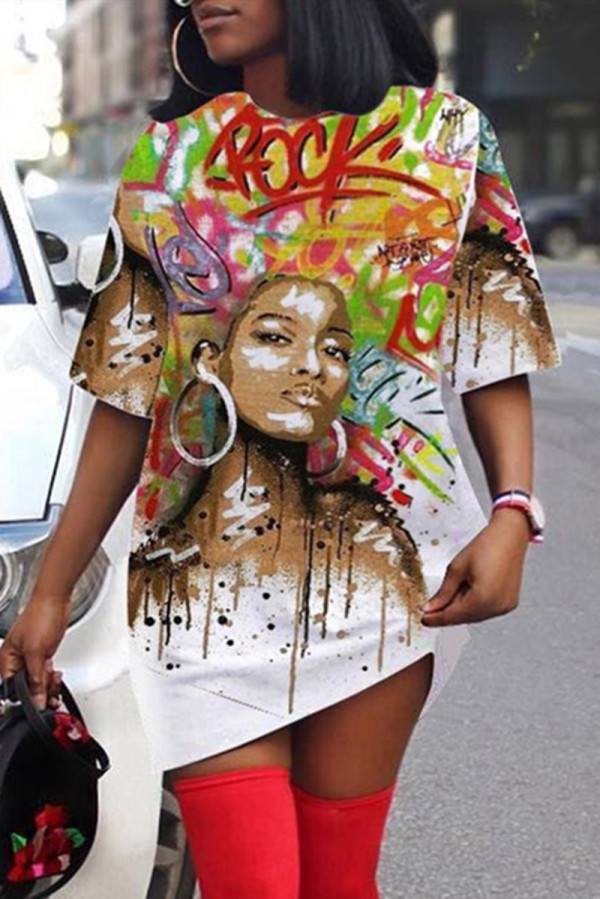 White Fashion Casual Print Basic O Neck Short Sleeve T-shirt Dress
