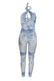 Blue Fashion Sexy Print Bandage Backless Halter Skinny Jumpsuits