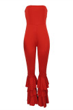 Red Fashion Sexy Solid Patchwork Backless Strapless Regular Jumpsuits