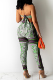 Green Sexy Print Bandage Split Joint Backless Strapless Sleeveless Two Pieces