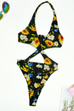Purple Sexy Print Hollowed Out Patchwork Swimwears