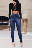 Black Casual Solid Ripped Mid Waist Skinny Denim Jeans