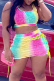 Yellow Pink Street Print Hollowed Out Patchwork Frenulum U Neck Sleeveless Two Pieces