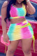 Yellow Pink Street Print Hollowed Out Patchwork Frenulum U Neck Sleeveless Two Pieces
