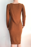 Brown Sexy Solid Make Old Square Collar Pencil Skirt Dresses