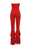 Red Fashion Sexy Solid Patchwork Backless Strapless Regular Jumpsuits