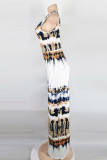 White Sexy Casual Print Backless U Neck Regular Jumpsuits