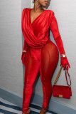 Red Fashion Sexy Solid Patchwork V Neck Skinny Jumpsuits (Without Gloves)