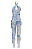 Blue Fashion Sexy Print Bandage Backless Halter Skinny Jumpsuits