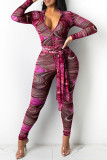Red Fashion Sexy Print See-through Zipper Collar Regular Jumpsuits