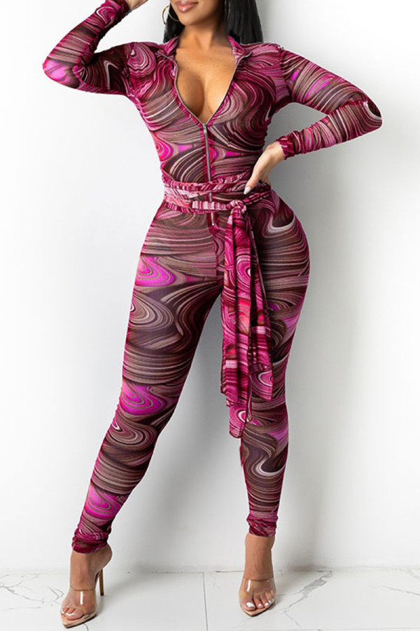 Red Fashion Sexy Print See-through Zipper Collar Regular Jumpsuits