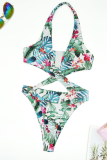 Blue Sexy Print Hollowed Out Patchwork Swimwears