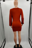 Brown Sexy Solid Patchwork V Neck Pencil Skirt Dresses