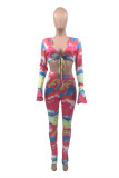Red Fashion Sexy Print Bandage V Neck Long Sleeve Two Pieces