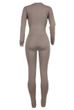 Khaki Sexy Casual Solid Bandage Hollowed Out V Neck Skinny Jumpsuits