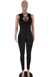 Black Fashion Sexy Solid Hollowed Out U Neck Skinny Jumpsuits