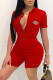 Red Fashion Casual Solid Embroidered Buttons Turndown Collar Skinny Romper