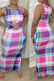 Pink Sexy Plaid Hollowed Out O Neck Pencil Skirt Dresses
