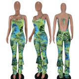 Green Fashion Sexy Print Backless Spaghetti Strap Regular Jumpsuits