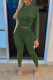 Army Green Casual Solid Split Joint O Neck Long Sleeve Two Pieces