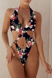 Blue Sexy Print Hollowed Out Patchwork Swimwears