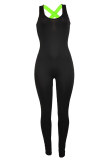 Black Sexy Sportswear Solid Patchwork Backless Square Collar Skinny Jumpsuits