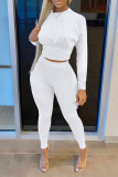 White Casual Solid Split Joint O Neck Long Sleeve Two Pieces