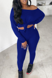 Blue Sexy Solid Patchwork One Shoulder Long Sleeve Two Pieces