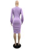 Light Purple Fashion Sexy Solid Patchwork V Neck Long Sleeve Dresses