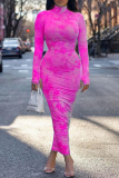 Pink Sexy Print Split Joint Turtleneck Pencil Skirt Dresses