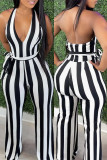 Black White Sexy Casual Striped Print Backless Halter Regular Jumpsuits