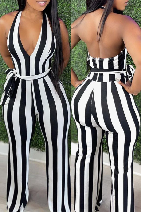 Black White Sexy Casual Striped Print Backless Halter Regular Jumpsuits