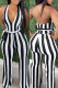 Black White Sexy Casual Striped Print Backless Halter Regular Jumpsuits