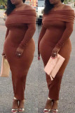 Brown Sexy Casual Solid Patchwork Backless Off the Shoulder Long Sleeve Dresses