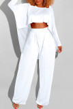 White Casual Solid Split Joint Asymmetrical O Neck Long Sleeve Two Pieces