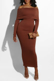 Brown Sexy Casual Solid Patchwork Backless Off the Shoulder Long Sleeve Dresses