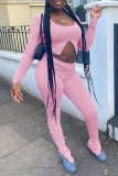 Pink Fashion Casual Solid Slit O Neck Long Sleeve Two Pieces