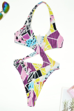 Red Sexy Print Hollowed Out Patchwork Swimwears