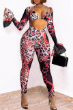 Red Fashion Sexy Print Hollowed Out See-through V Neck Long Sleeve Two Pieces