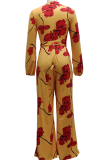 Yellow Sexy Casual Print Split Joint O Neck Loose Jumpsuits