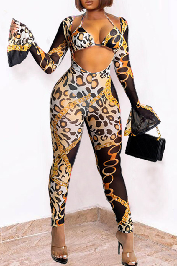 Yellow Fashion Sexy Print Hollowed Out See-through V Neck Long Sleeve Two Pieces