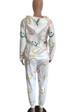 White Casual Print Split Joint Hooded Collar Long Sleeve Two Pieces